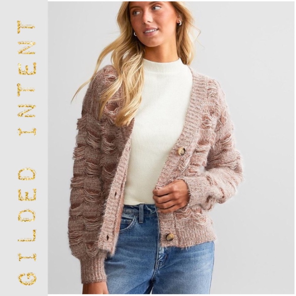 Cozy Cardigan Sweater Mauve Eyelash Button Front Buckle Gilded Intent Size XL